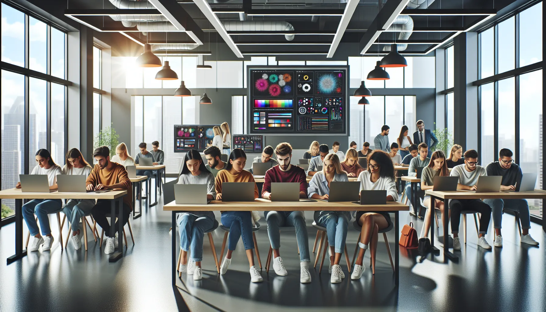 students engaged in a Photoshop course in a modern classroom.