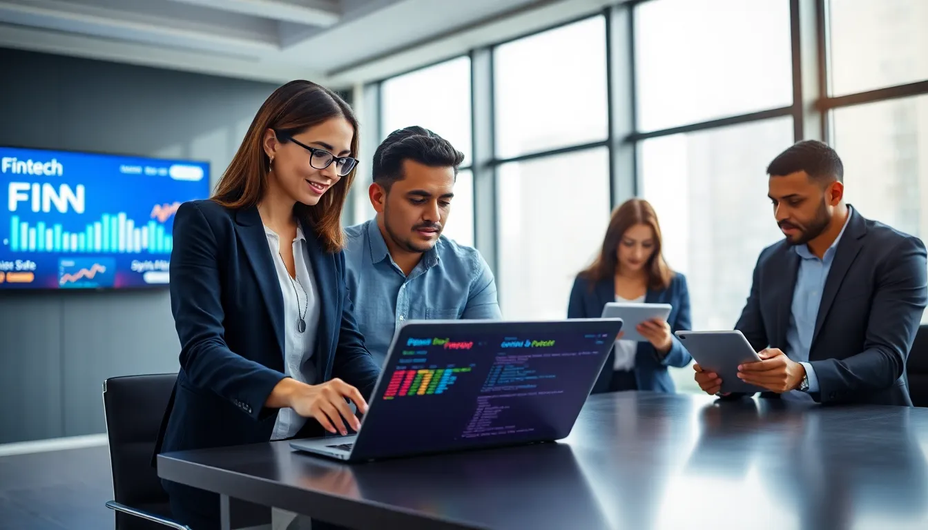 diverse professionals collaborating on fintech web development in a modern office.