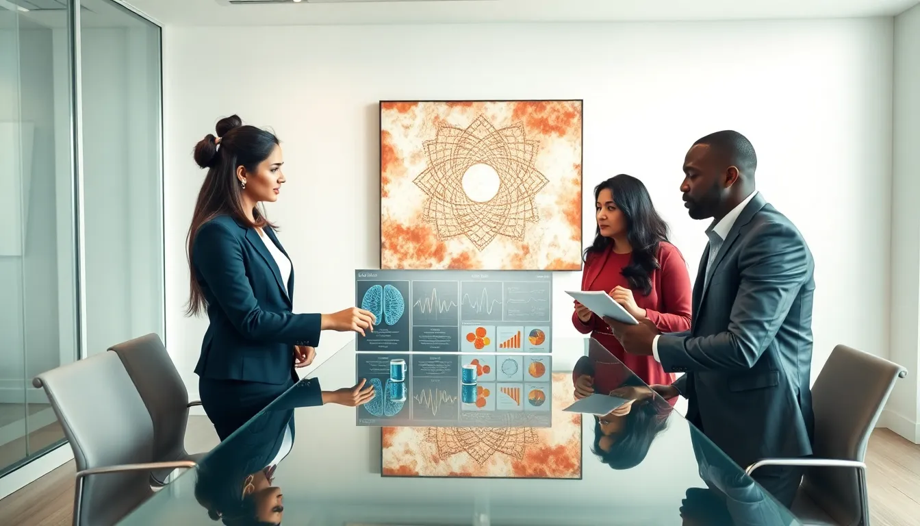 diverse professionals discussing spirituality and science in a modern office.