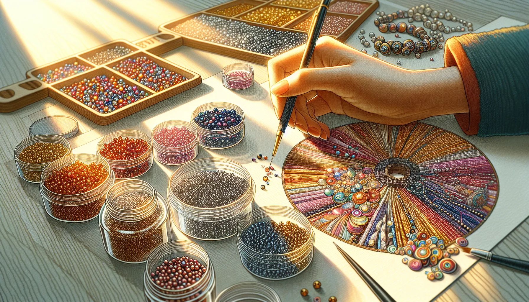 Close-up of a crafting workspace with beads and sequins for a creative project.