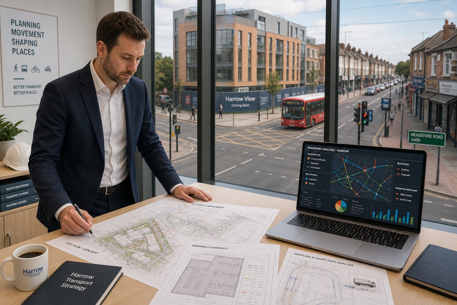 Traffic engineer reviewing development transport plans in a modern UK office.