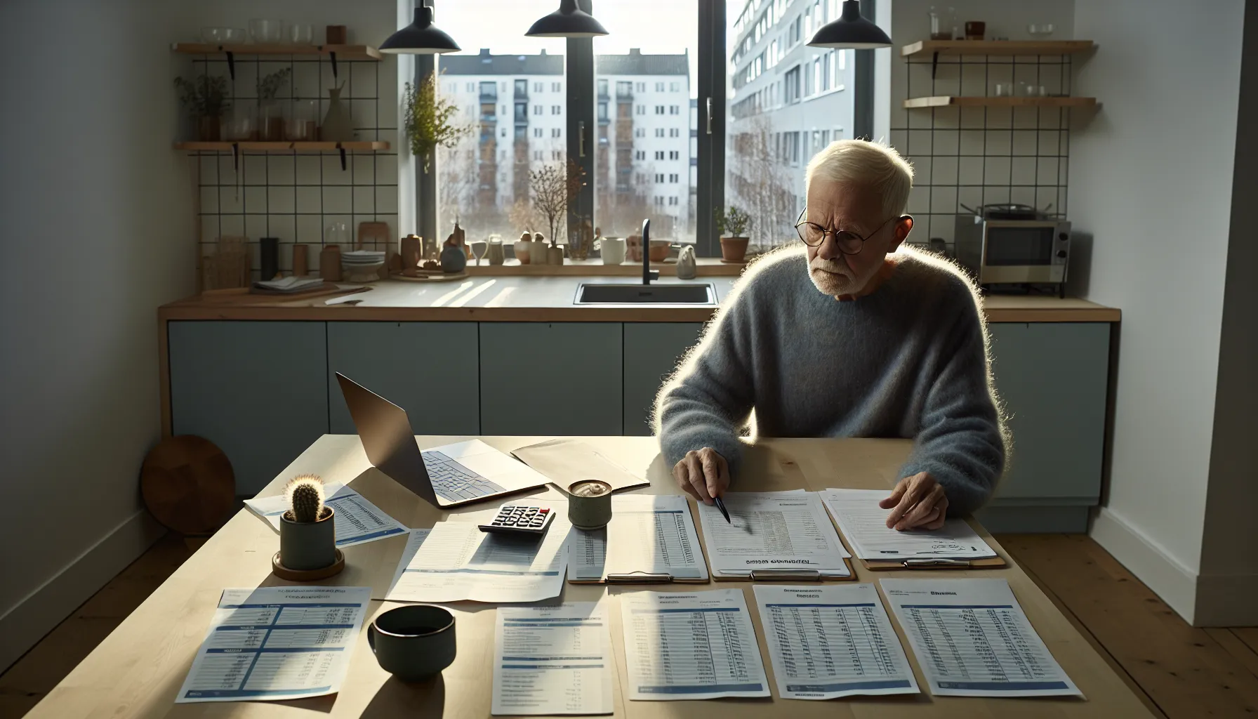 Norwegian pensioner reviewing budget papers and nav pension details at kitchen table.