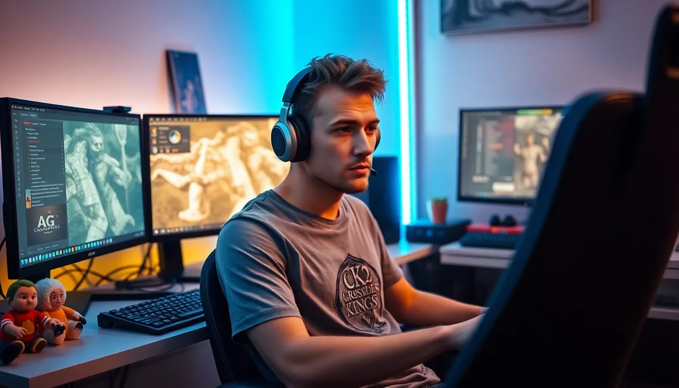 A young man using CK2Generator software for Crusader Kings II on his computer.