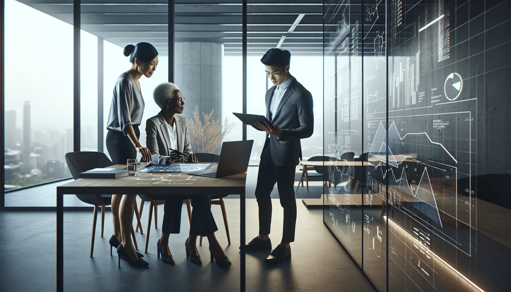 diverse team analyzing data in a modern office.