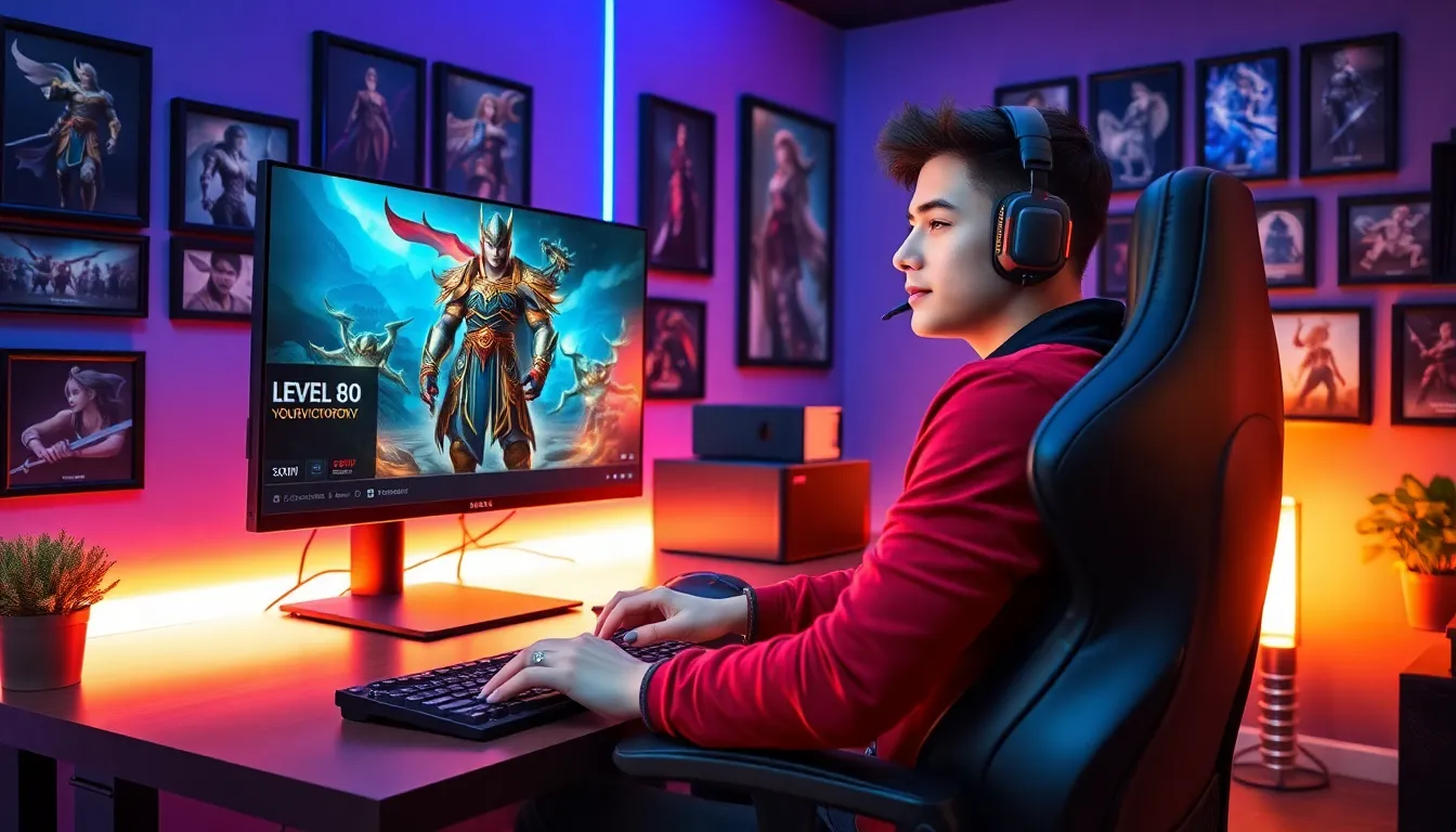 gamer at a high-tech desk celebrating level 80 achievement in MMORPG.