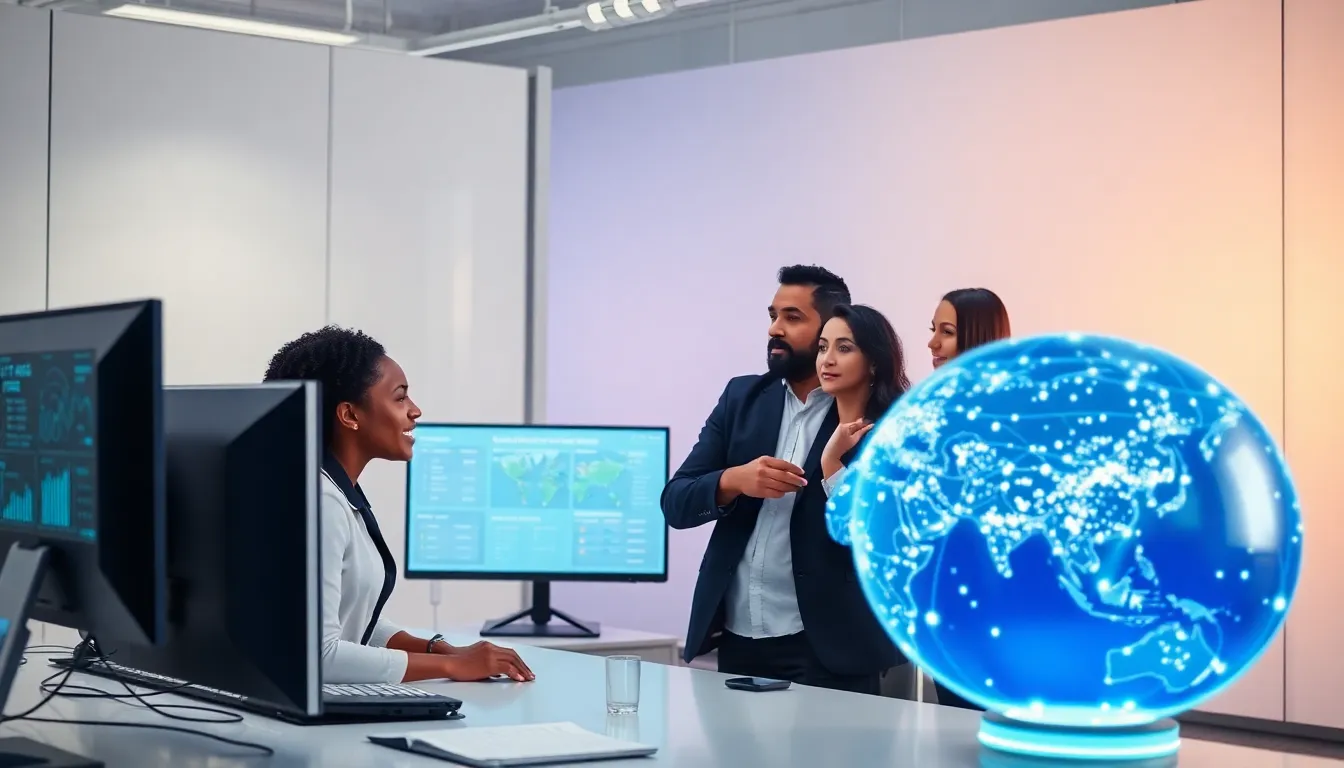 professionals discussing digital IP address concepts in a modern office.