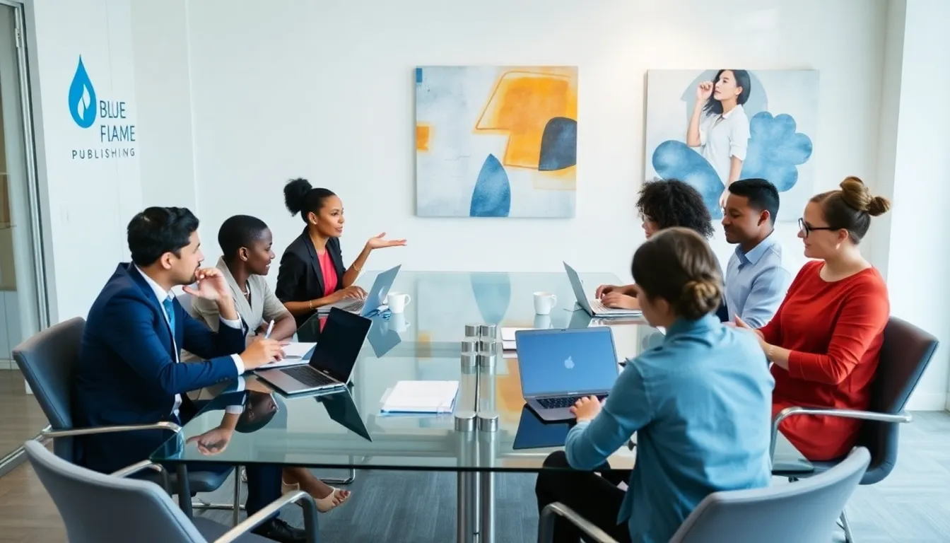 diverse publishing team collaborating in a modern office.