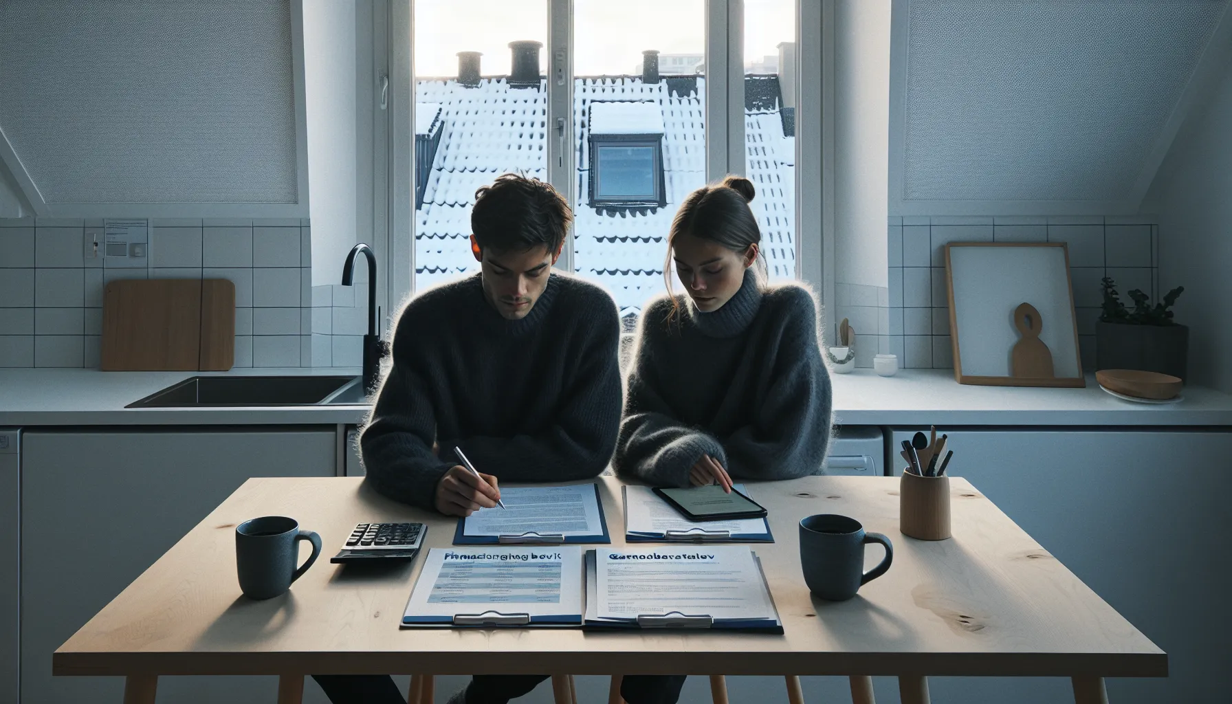 Hvordan unngå vanlige feil ved boligkjøp 3 Norwegian couple reviewing financing proof and loan options at their kitchen table.