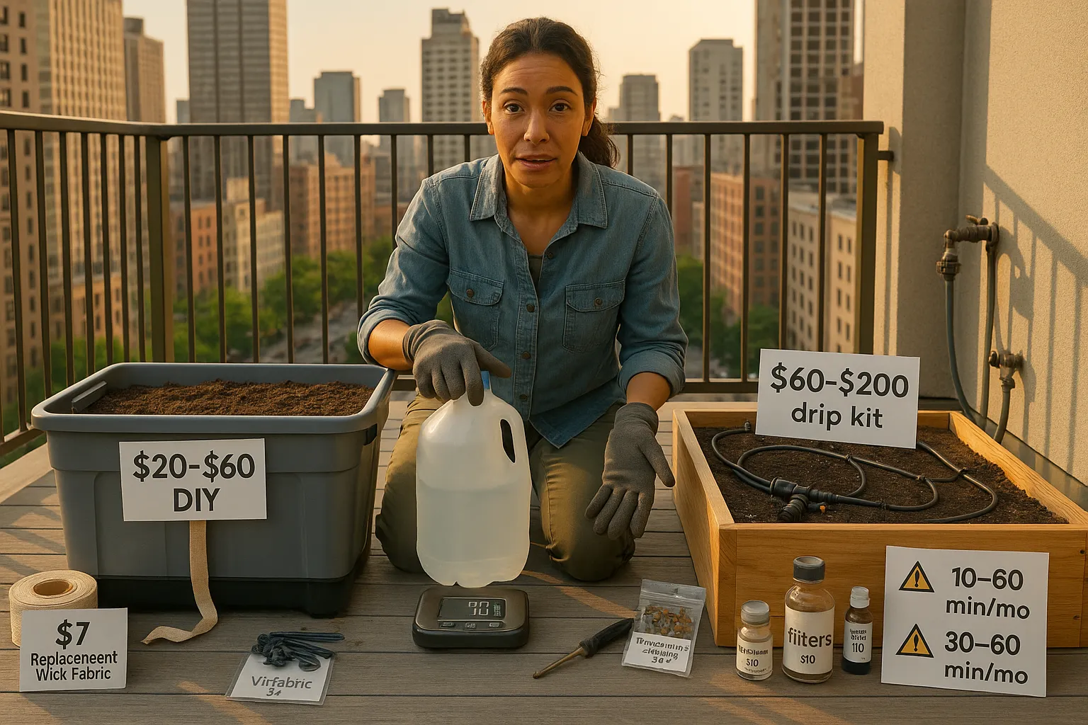 A woman comparing a DIY self-wicking tote and a drip-irrigated planter on a city balcony.