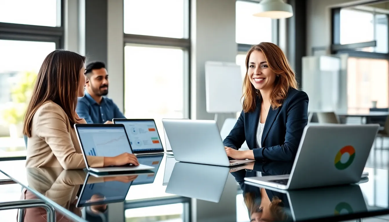 Stacy Klinger leading a diverse team in a modern office.