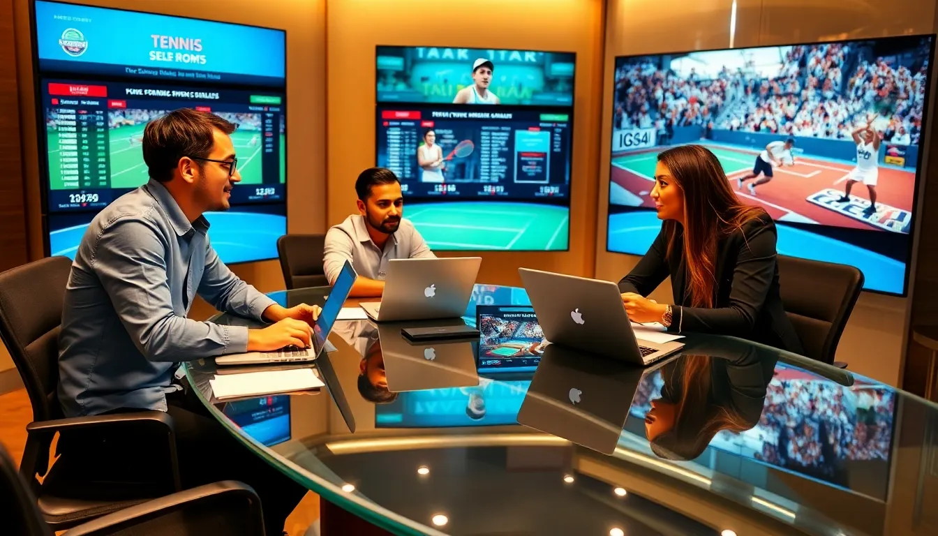 diverse sports writers collaborating in a modern tennis newsroom.