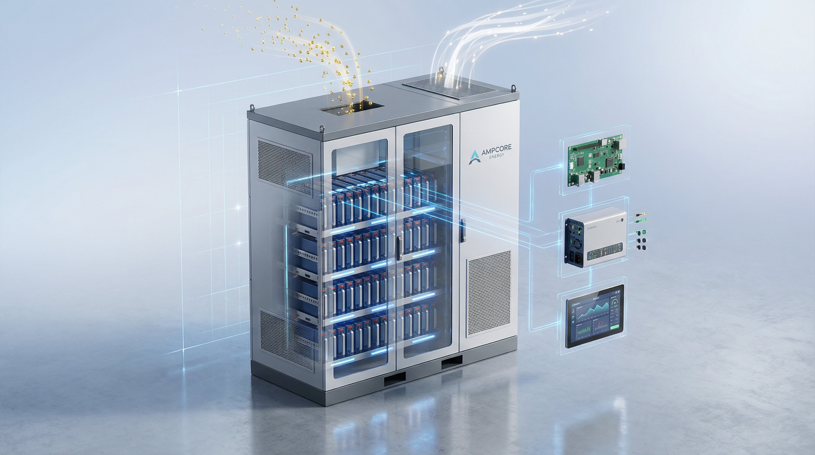 3D render of a BESS battery system with internal components and energy flow visualization.