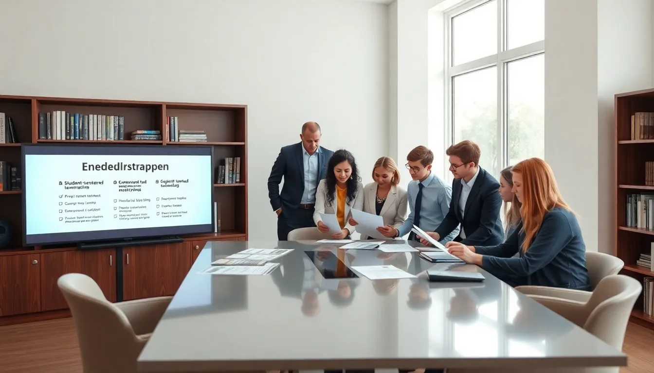 diverse educators discussing Enhedstrappen in a modern office.