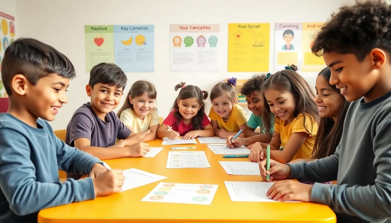 children collaborating on mental health worksheets in a colorful classroom.