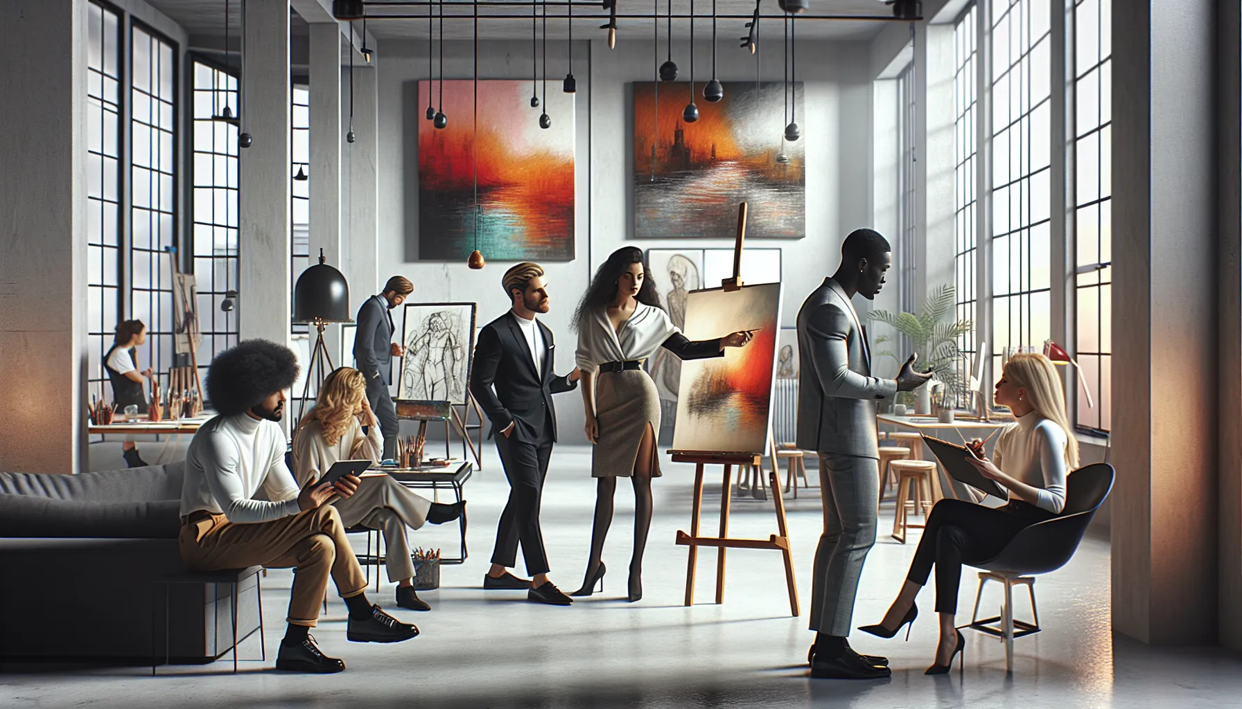 artists discussing art conventions in a bright modern studio.