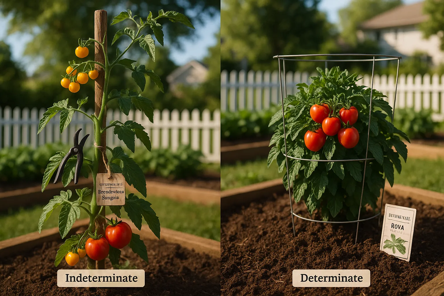Side-by-side indeterminate vining and determinate bush tomato plants.