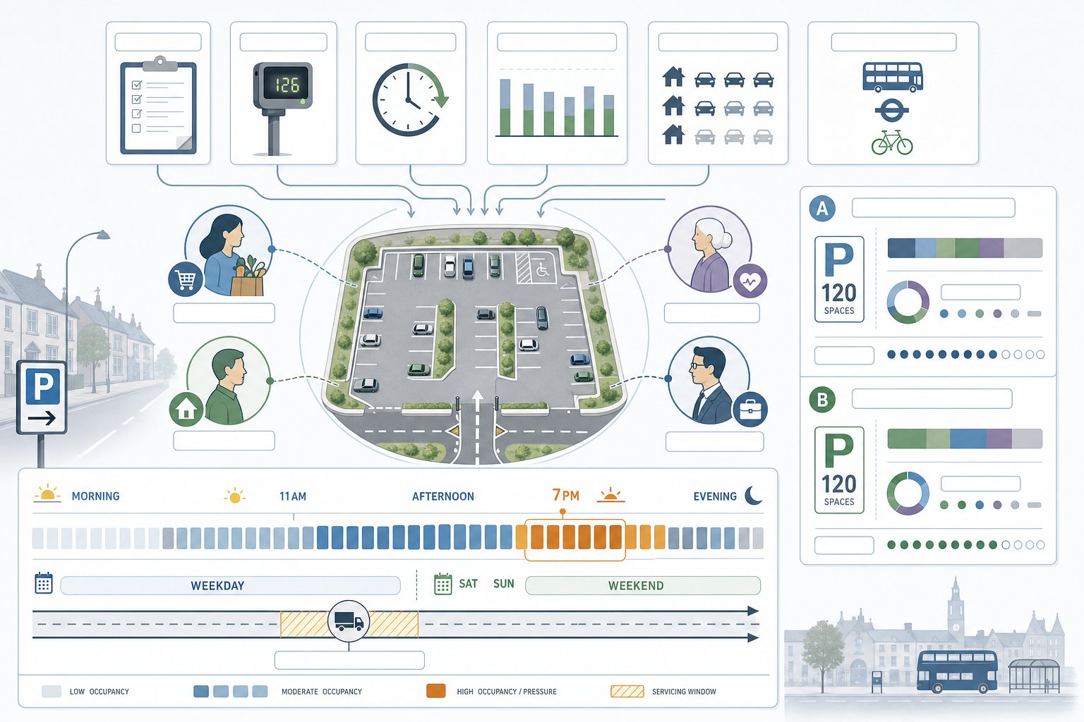 Infographic of parking demand patterns, user types and peak time pressures.