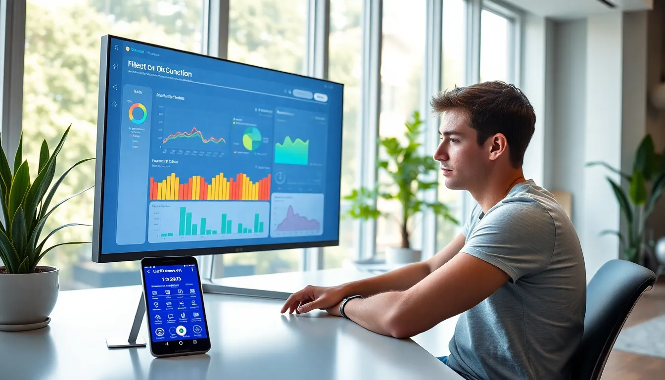a user interacting with a high-tech energy management dashboard in a modern workspace.