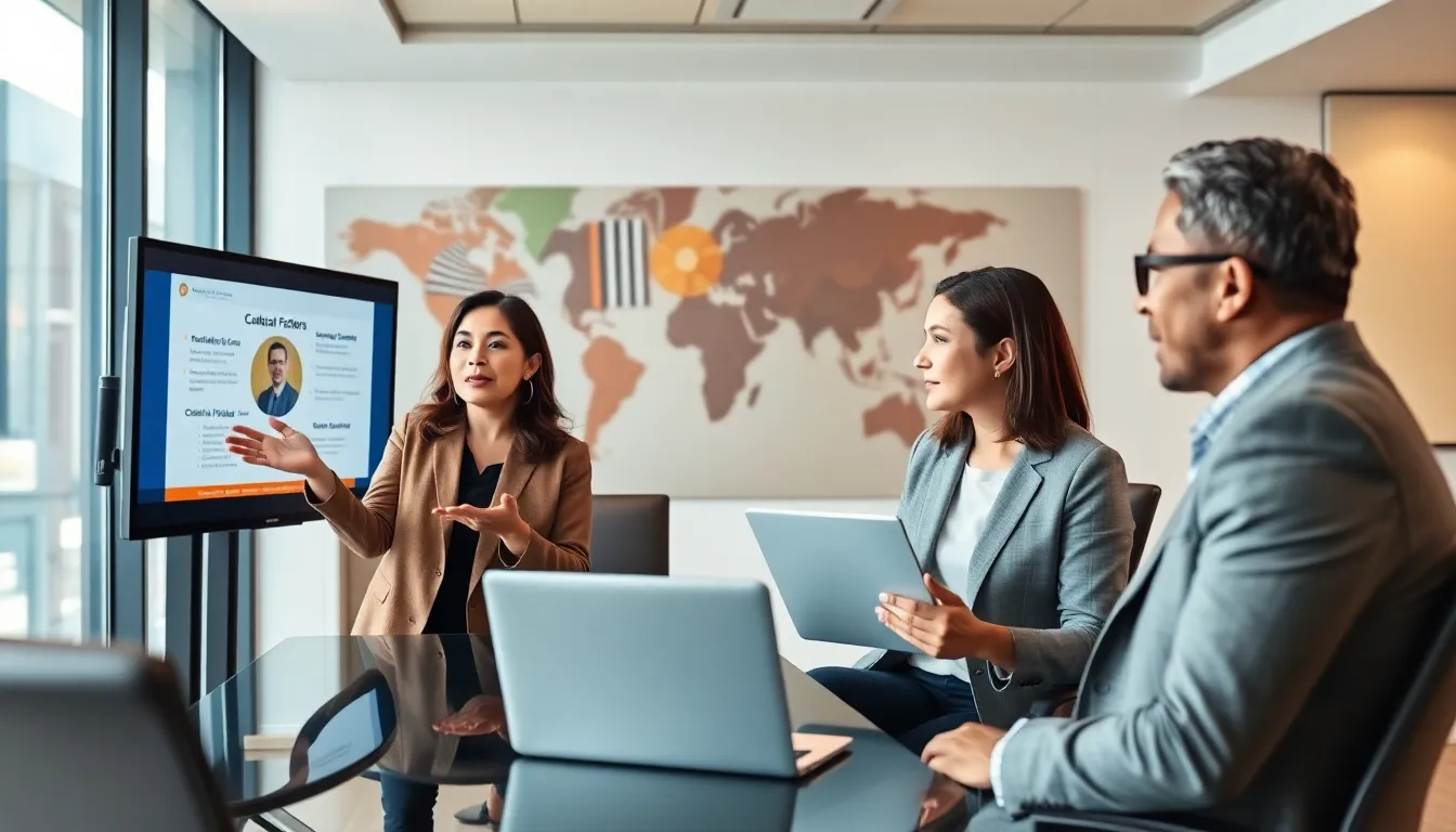 diverse team discussing culture factors in a modern conference room.
