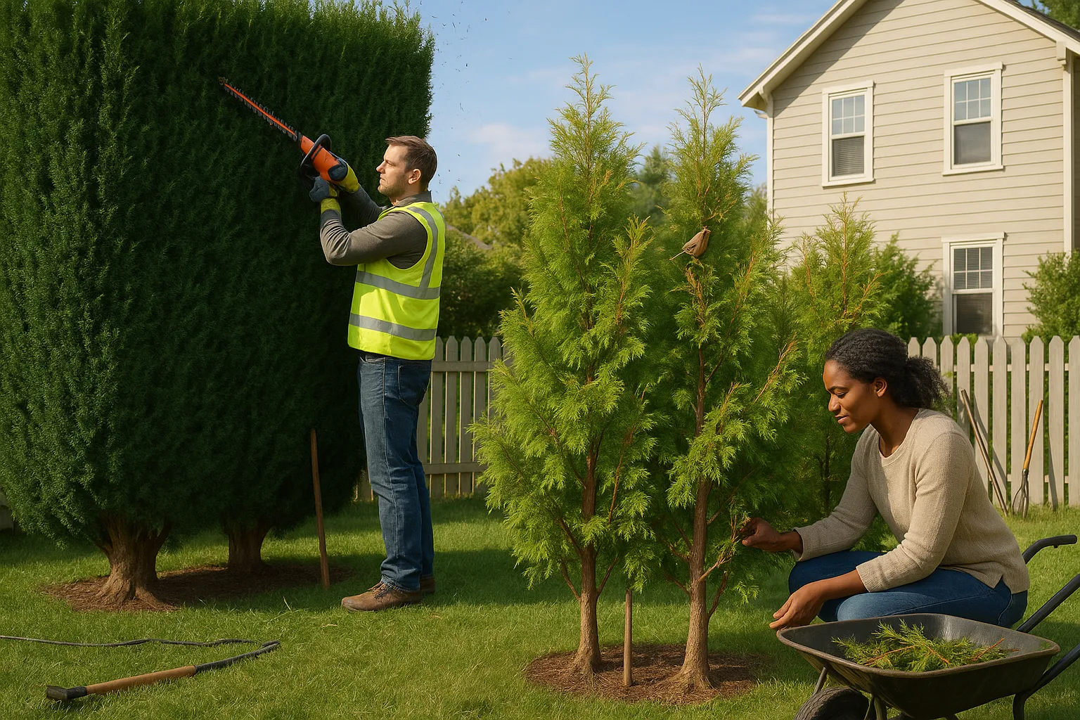 Side-by-side Leylandii and Thuja hedges with gardener pruning Leylandii.
