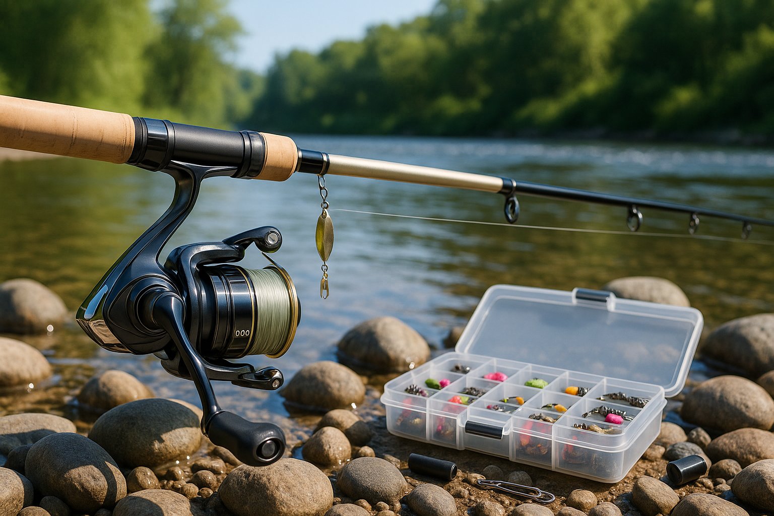ultralight trout spinning reel setup beside a clear river.