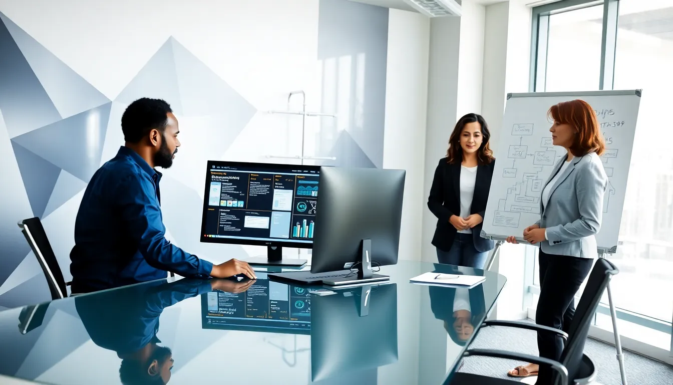 diverse team discussing software development in a modern office.