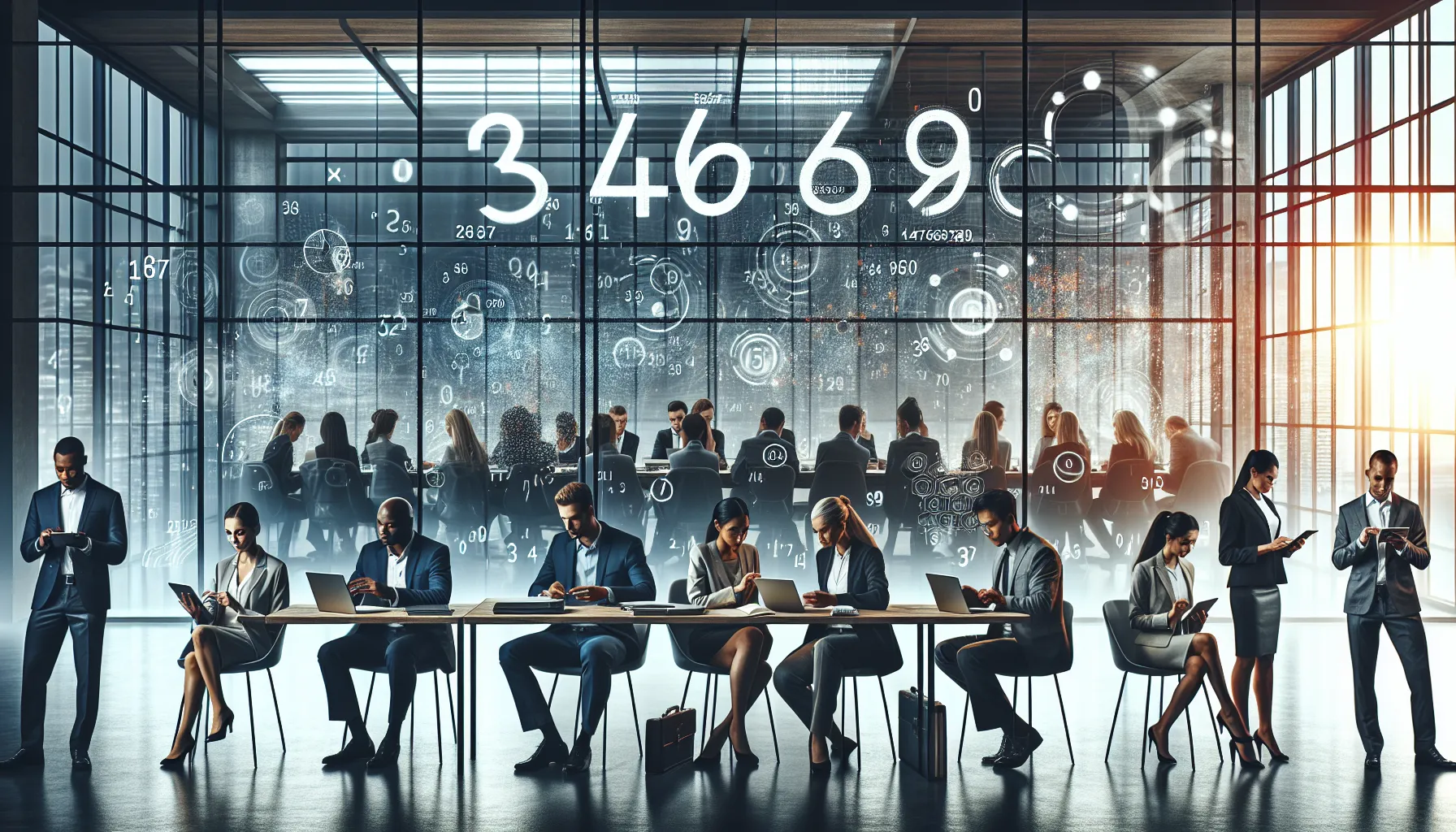 diverse team analyzing the significance of numbers in a modern office.