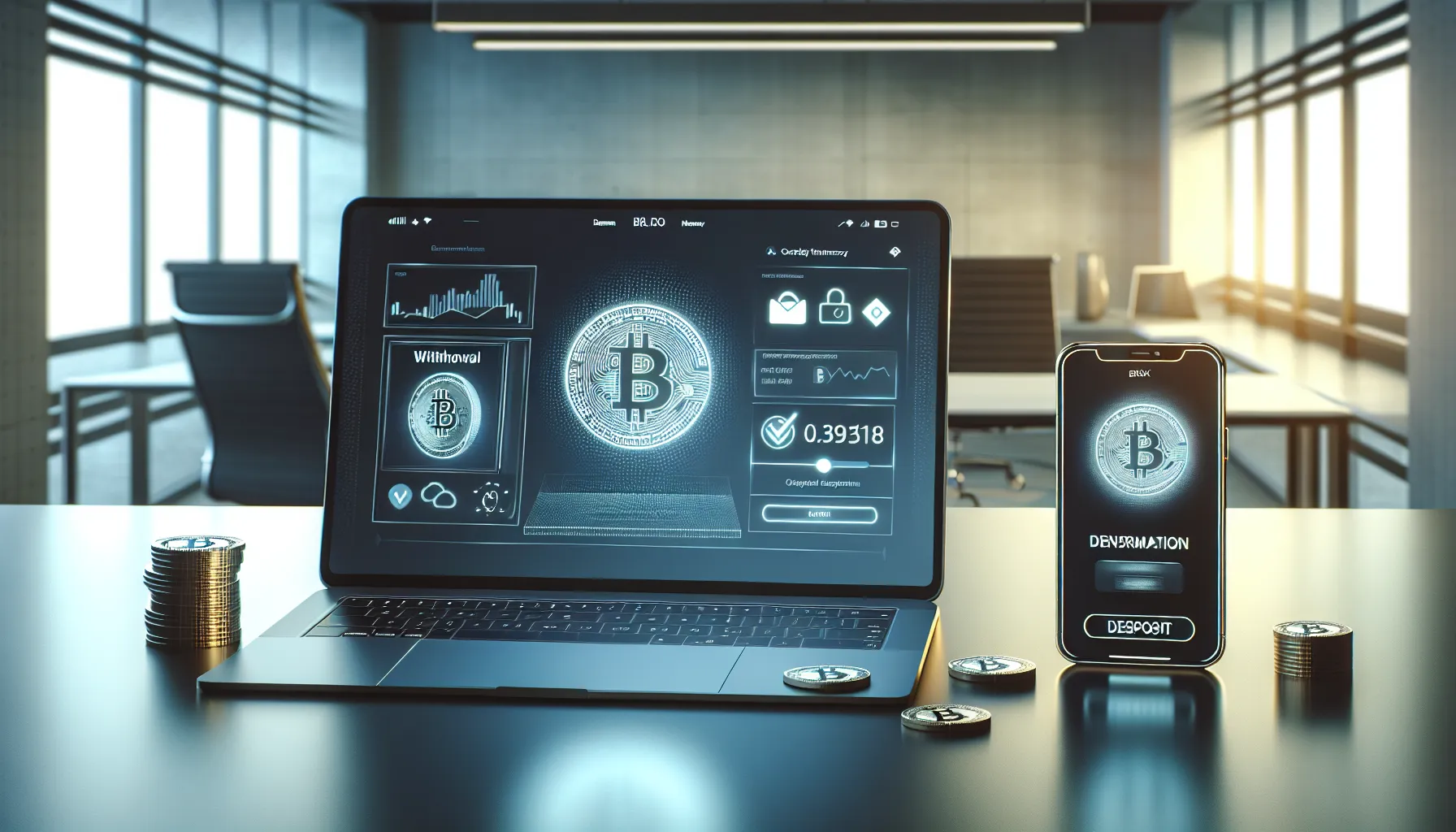 Laptop showing crypto casino withdrawal confirmation with Bitcoin symbol and smartphone wallet notification.