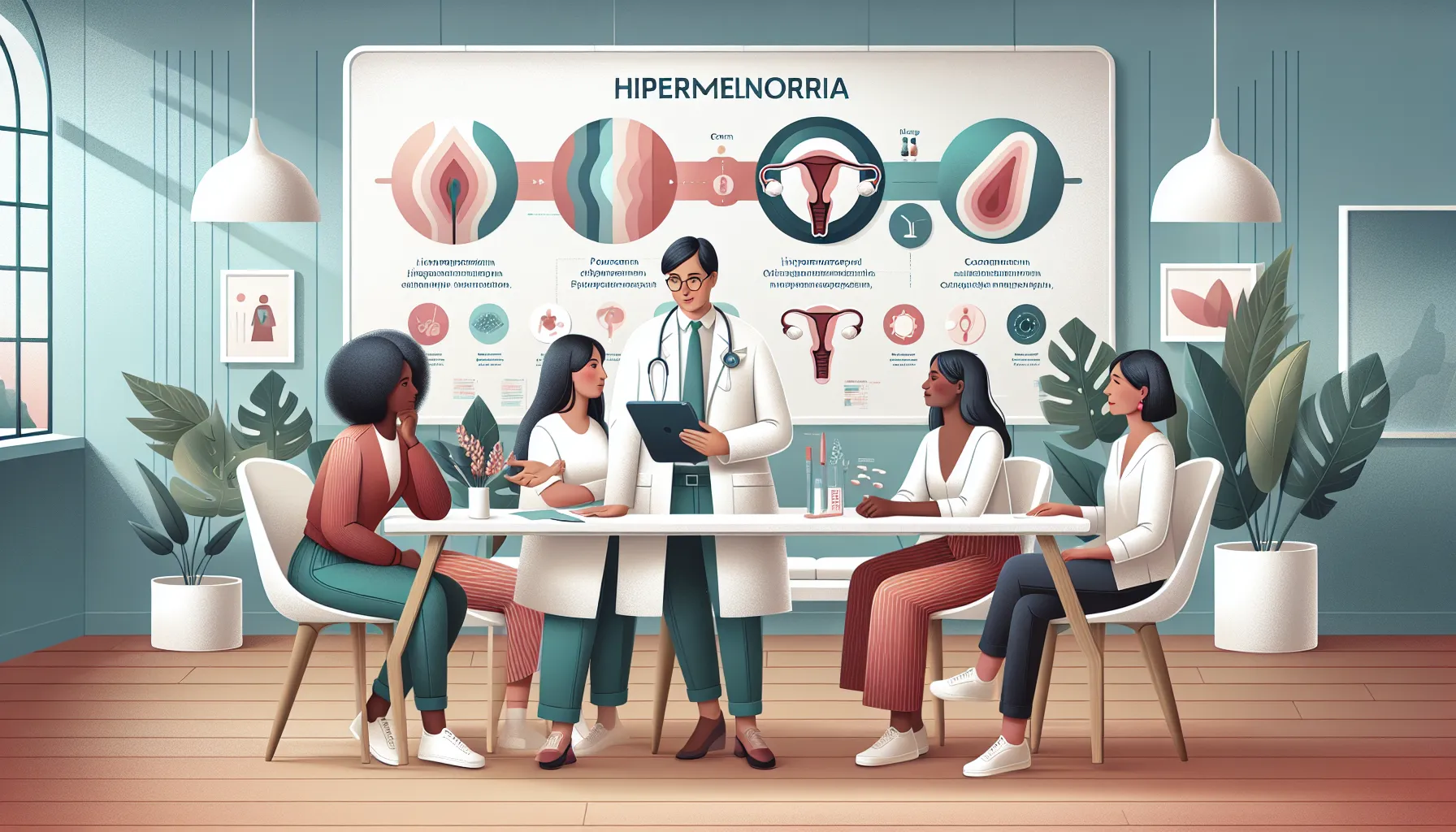 diverse women discussing menstrual health in a modern clinic.