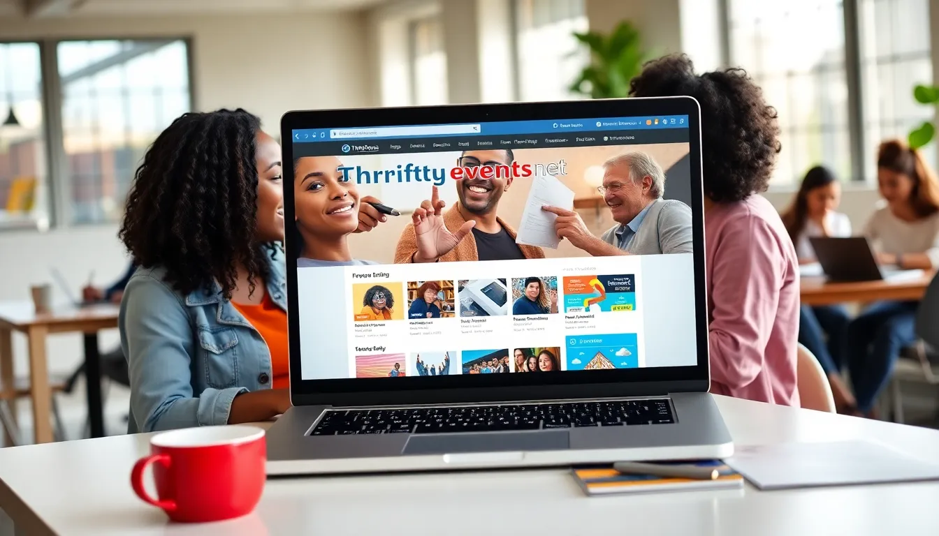 diverse group browsing Thriftyevents.net for local events on a laptop.