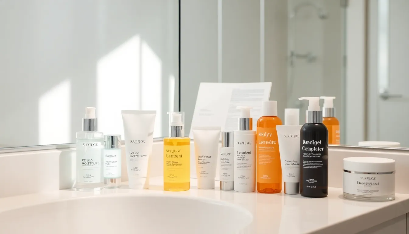 organized skincare products on a modern bathroom counter.