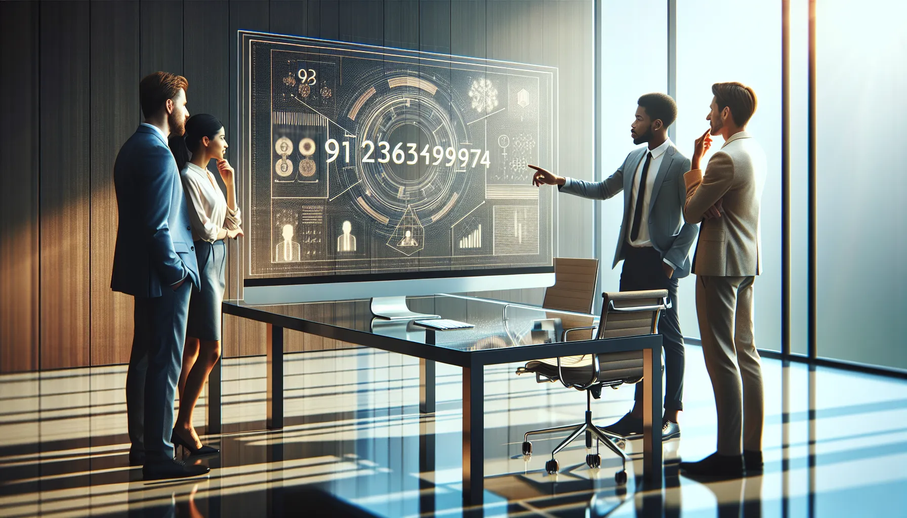 professionals collaborating over unique number sequences in a modern office.