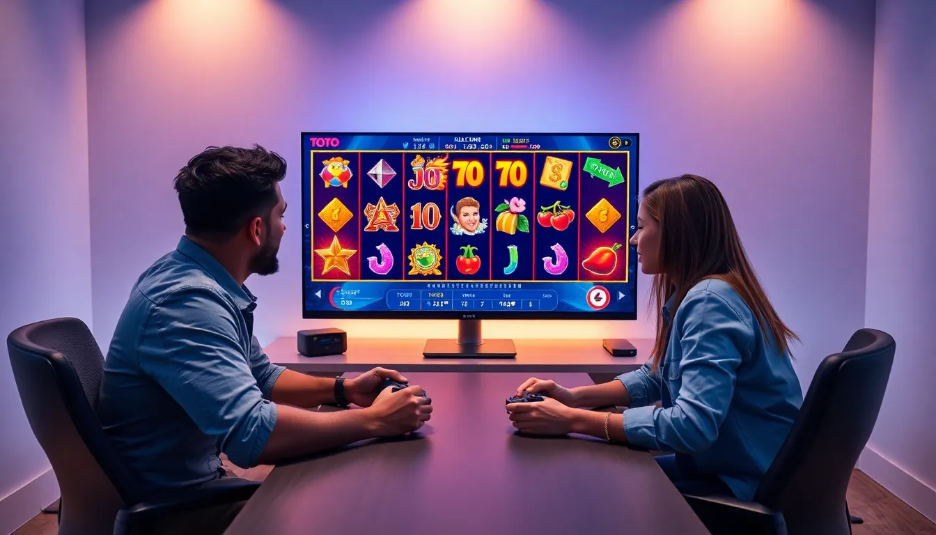 diverse gamers engaged with a vibrant online Toto slots display.