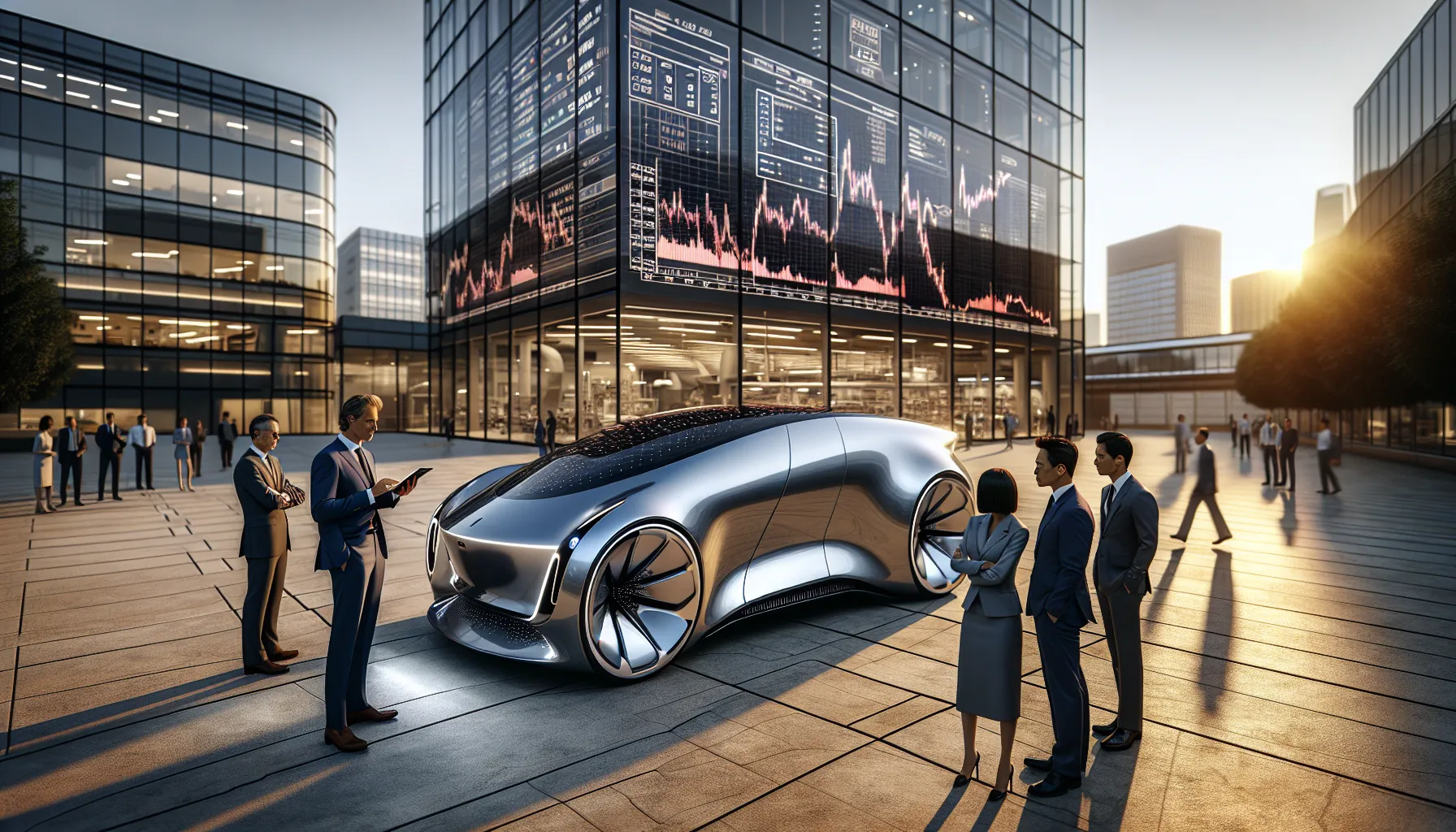 Investors examining financial data in front of a Lucid Air sedan and corporate building.