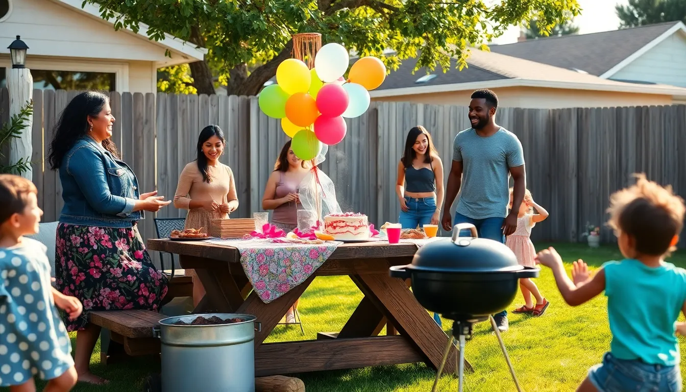 friends celebrating a budget-friendly outdoor event with food and decorations.