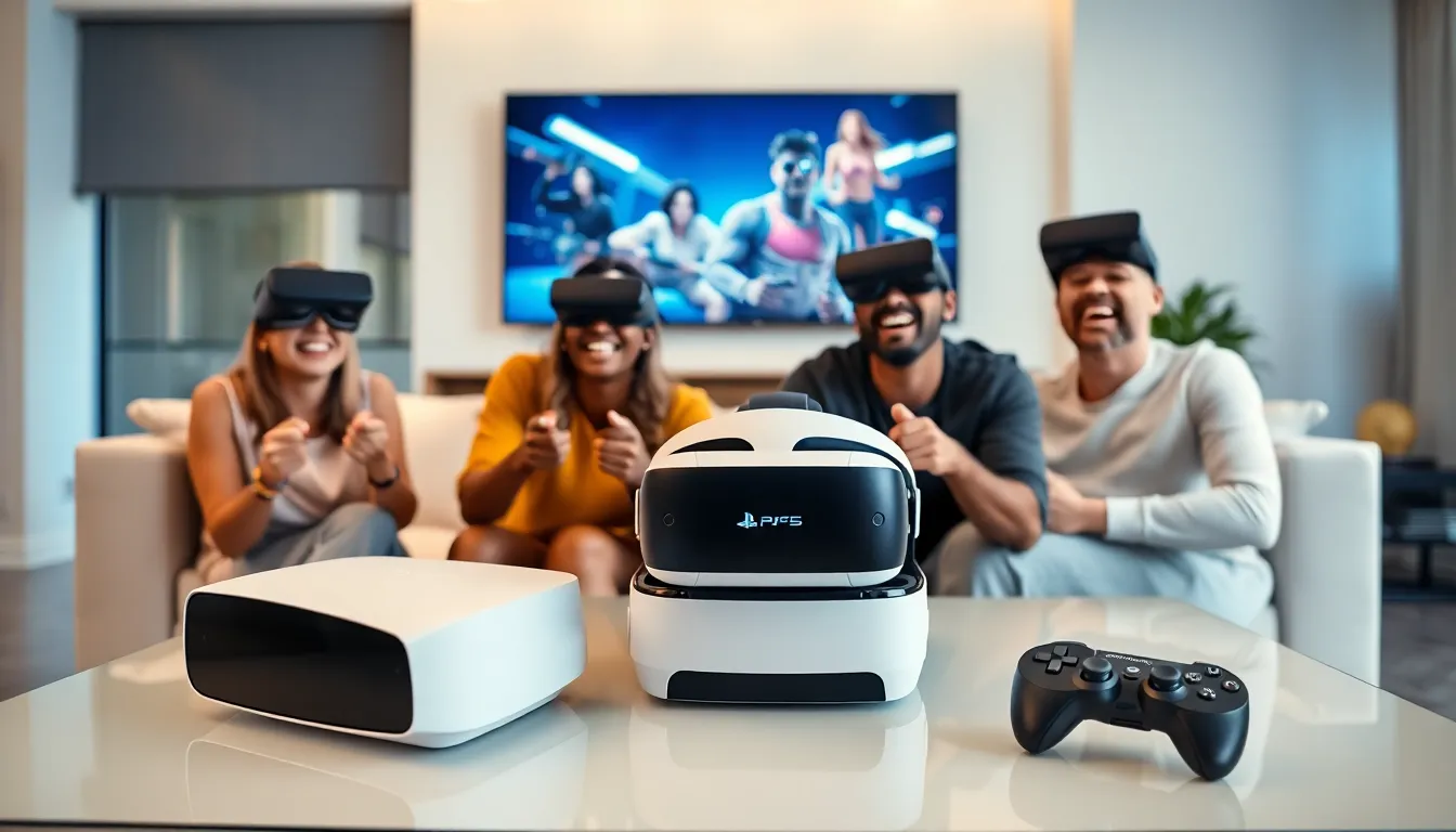 diverse group playing PlayStation VR in a modern living room.