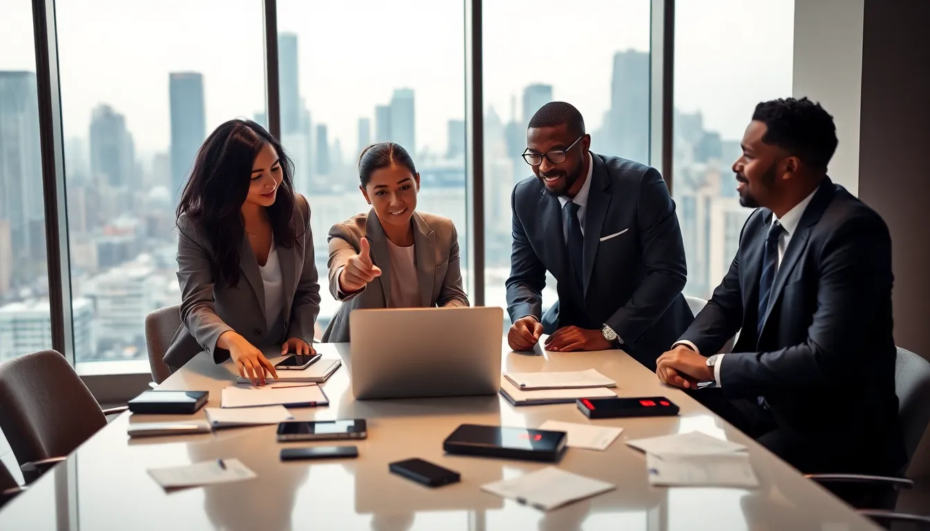 diverse professionals discussing in a modern office reflecting hustle culture.