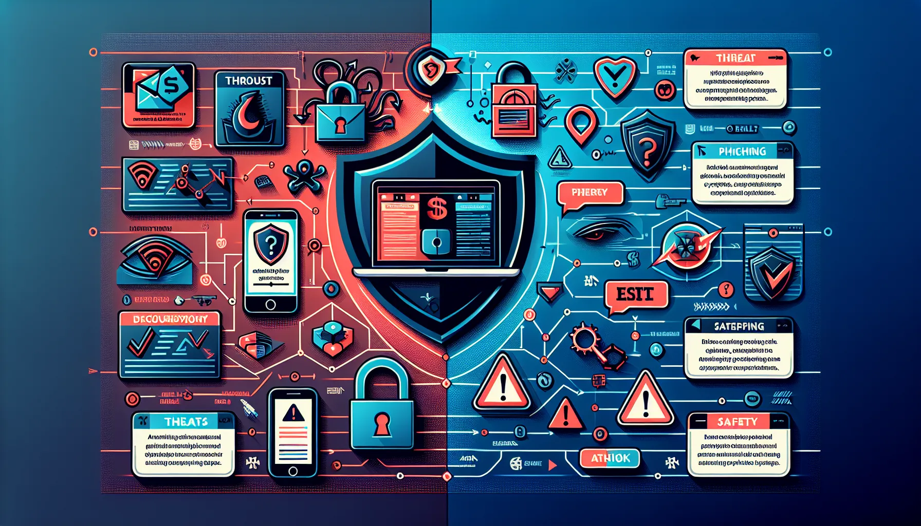 Phishing threat versus protection diagram for cryptocurrency security with warning and safety icons.