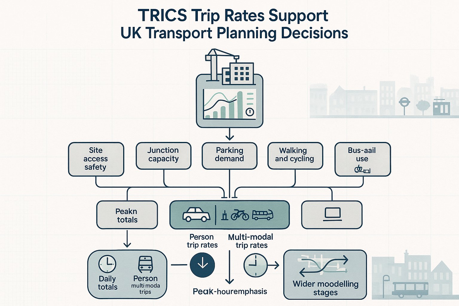 Infographic showing how TRICS trip rates inform UK transport assessments and travel planning.