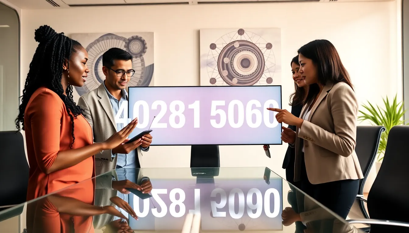 diverse professionals discussing the significance of 4028155060 in a modern office.