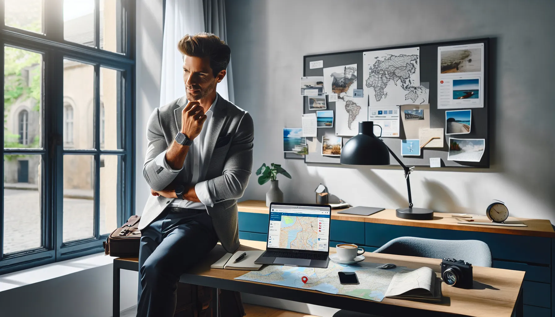 traveler planning a flexible itinerary at a modern desk.