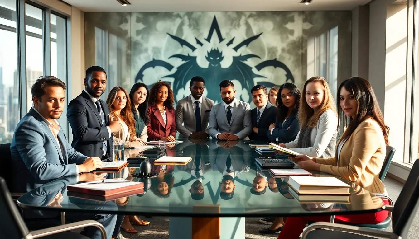 a diverse team discussing daemonhunters in a modern office.