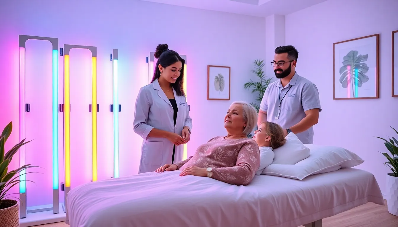 wellness spa featuring neon light therapy stations and diverse professionals.