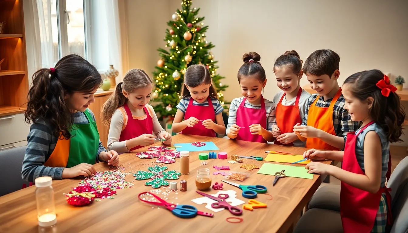 children creating DIY Christmas crafts at a festive table.