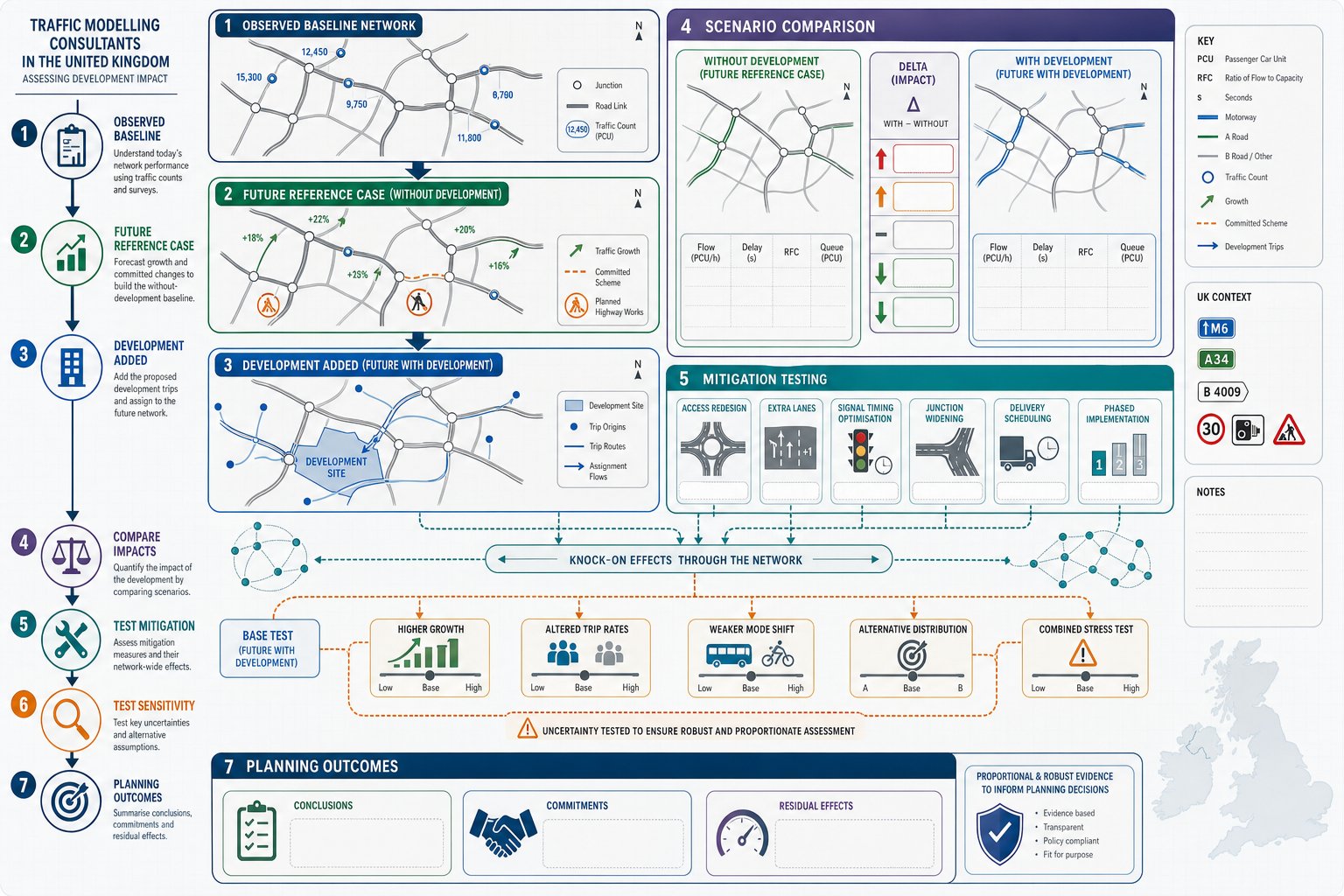 Traffic modelling process comparing development scenarios, mitigation options, and future traffic impacts.