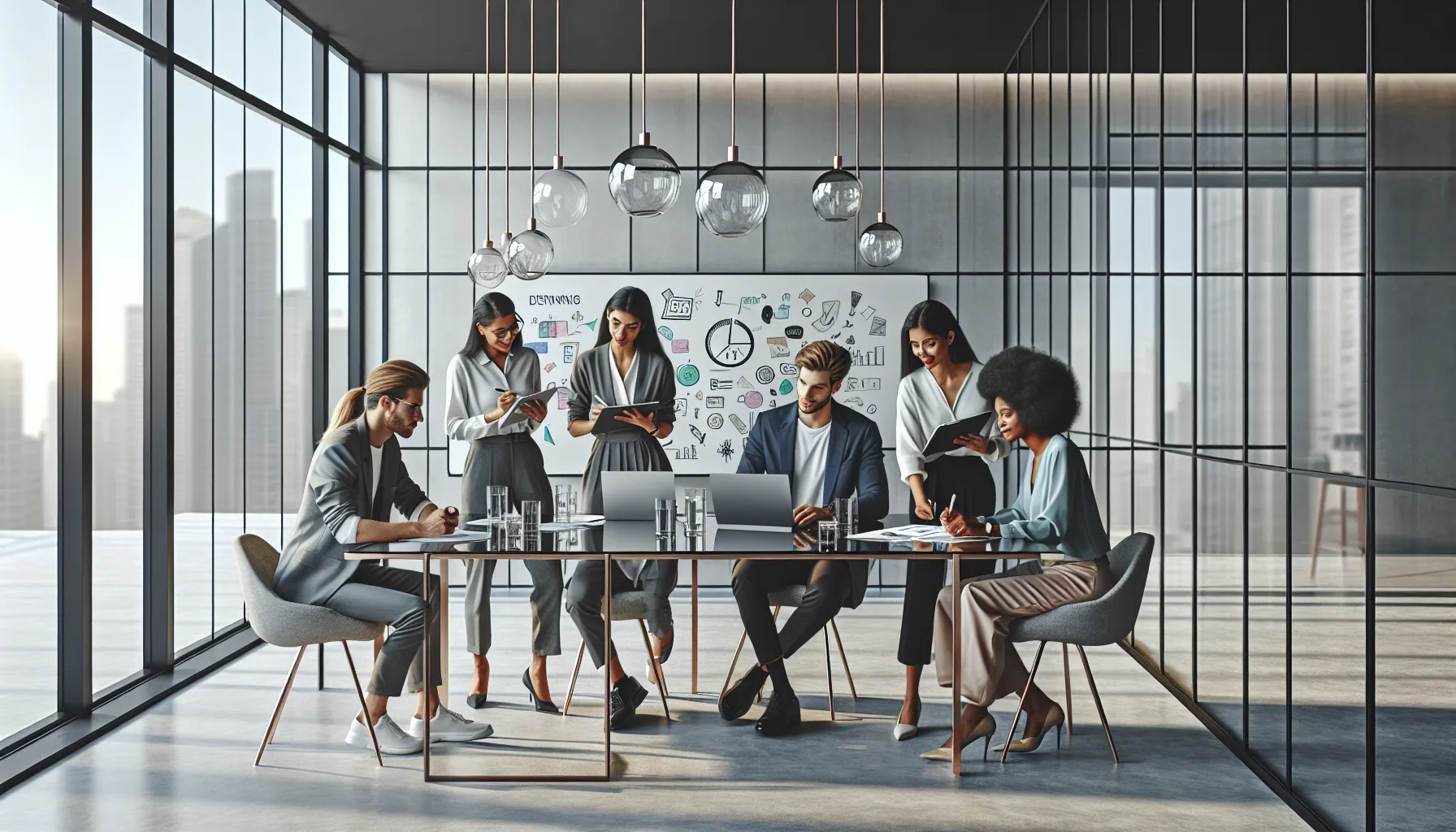 diverse team brainstorming ideas in a modern office setting.