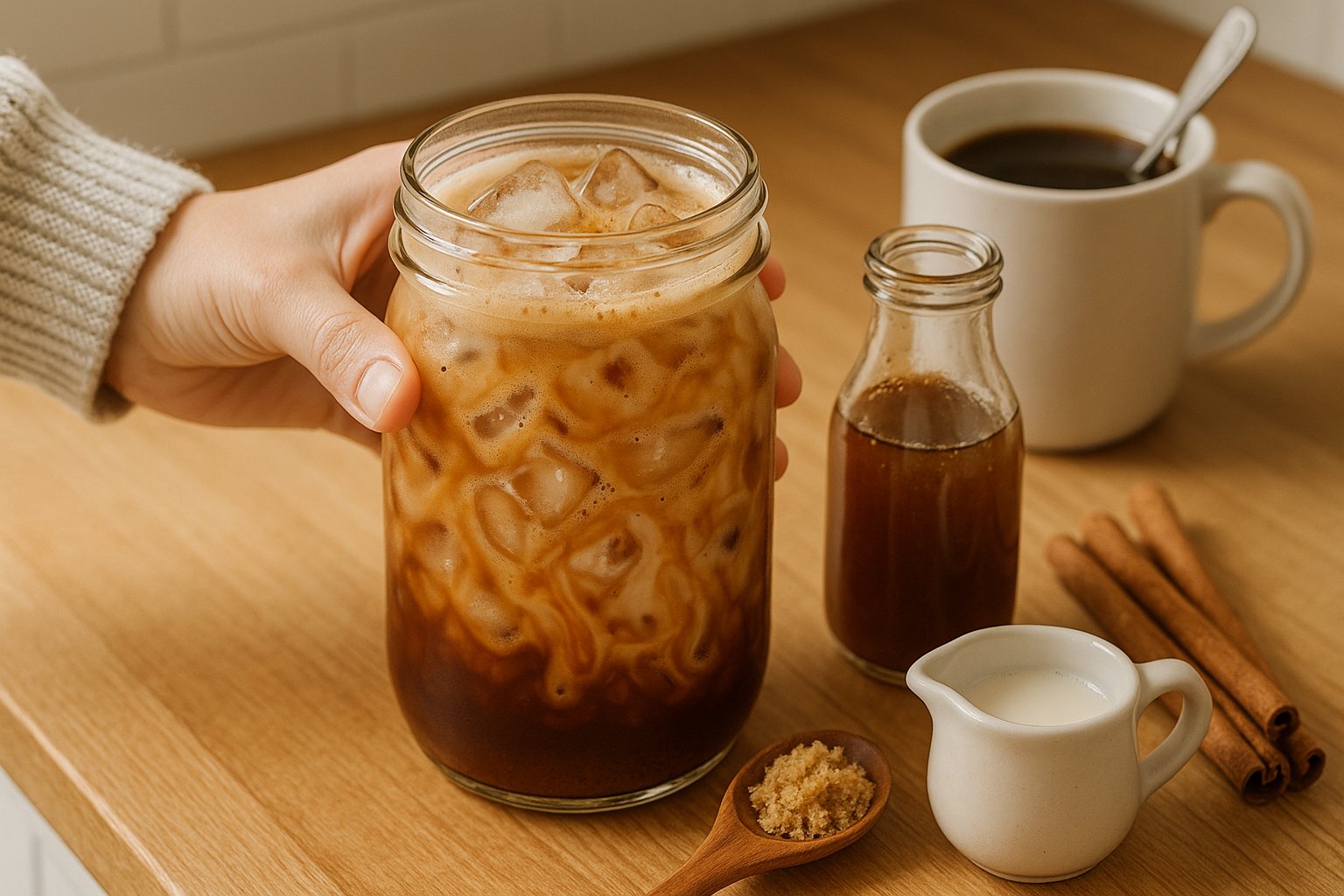 A jar of brown sugar iced coffee with oat milk and cinnamon.