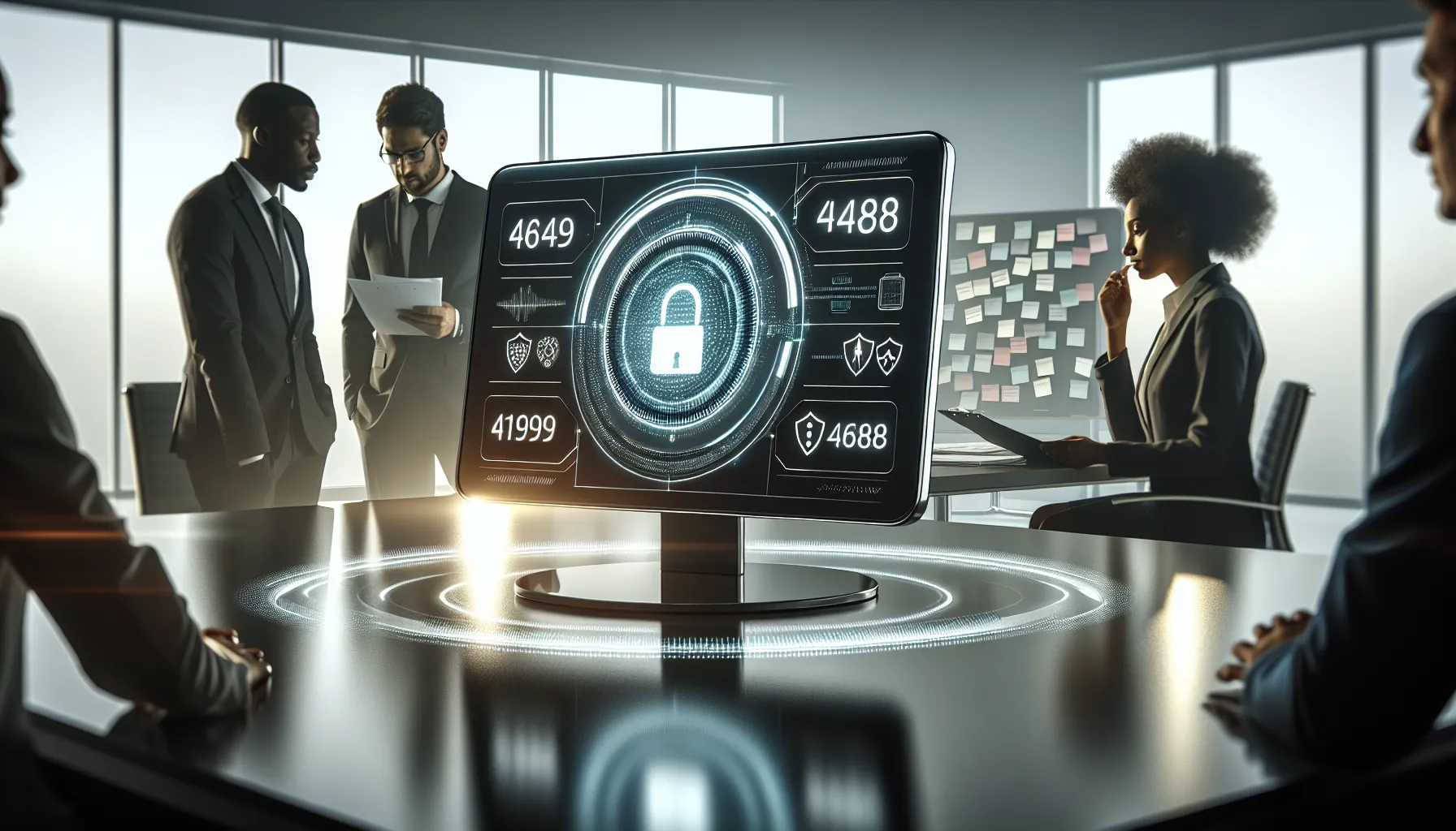 professionals discussing data security in a modern office.