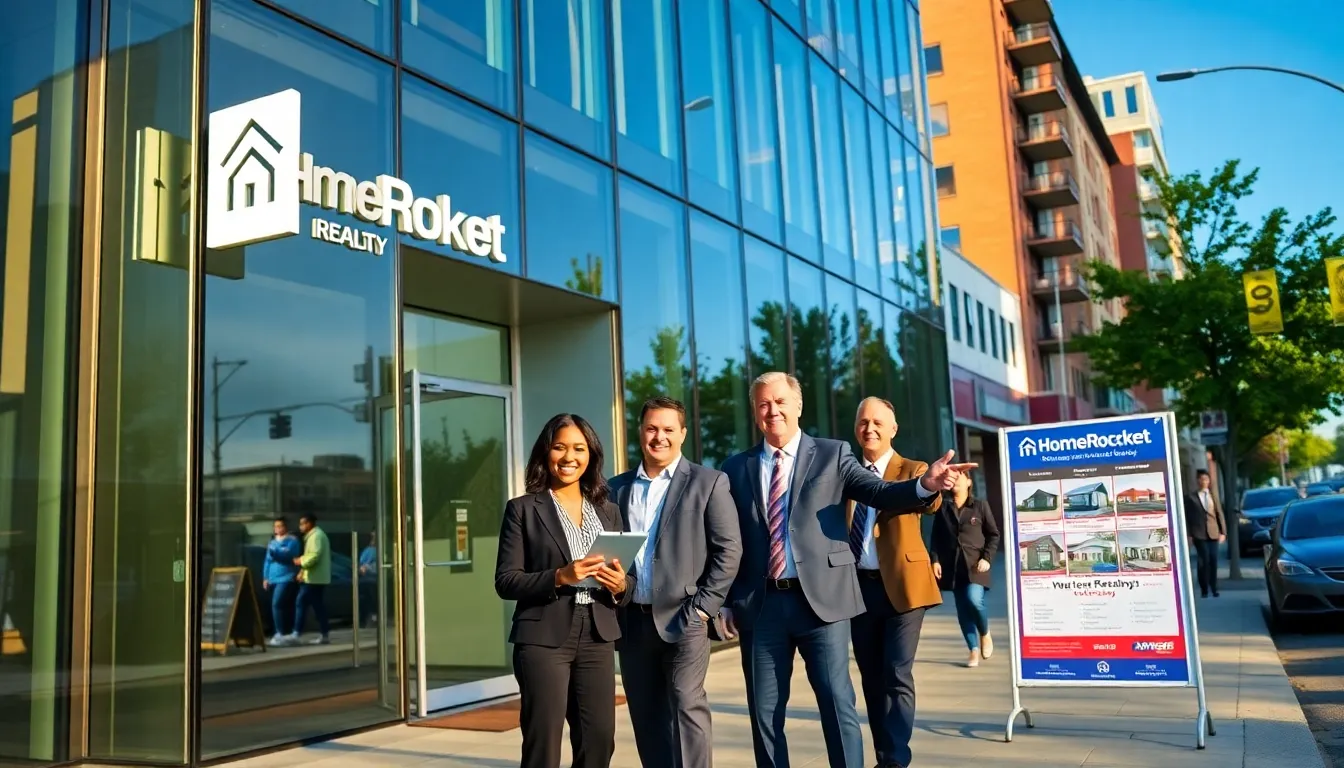HomeRocket Realty office with diverse team members promoting real estate services.