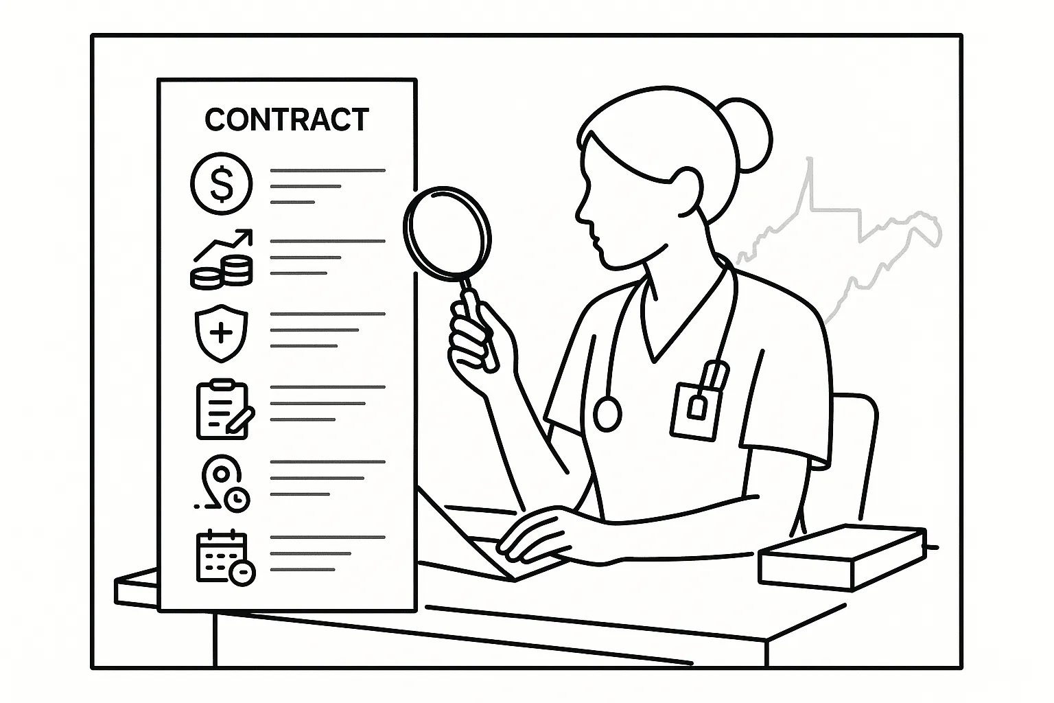 A nurse practitioner examining a contract with icons for pay, malpractice, and schedule.